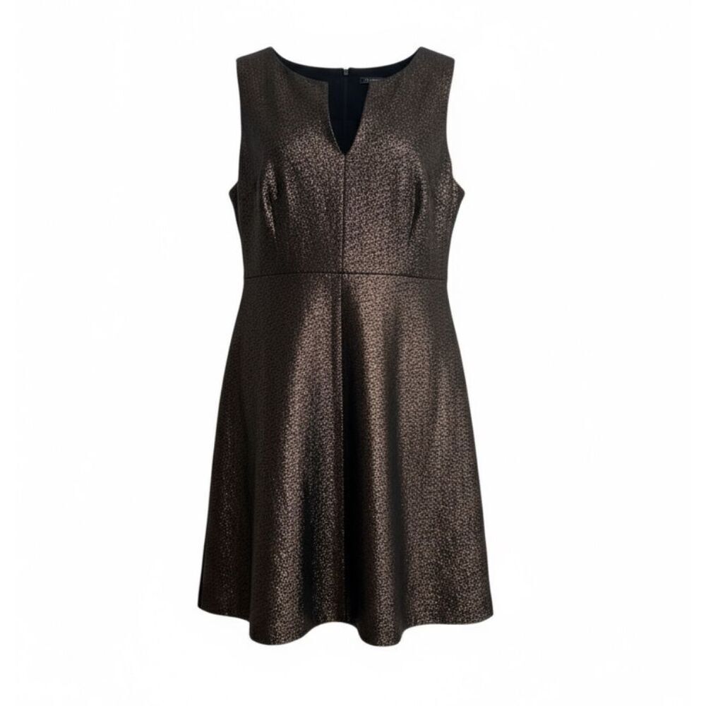 Metaphor Metallic Sleeveless Split Neck Stretch A-Line Dress Bronze Black Sz XL